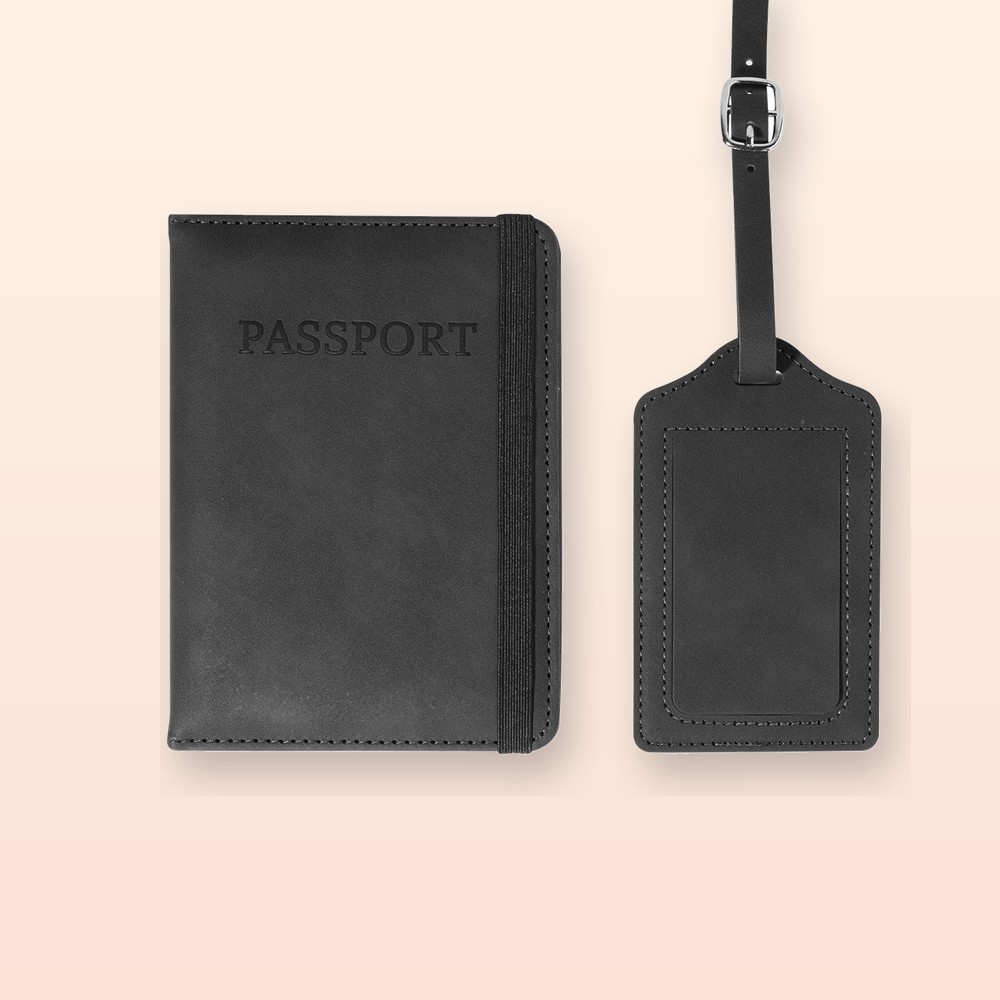 Set porta passaporto e etichetta bagaglio in RPU - nero