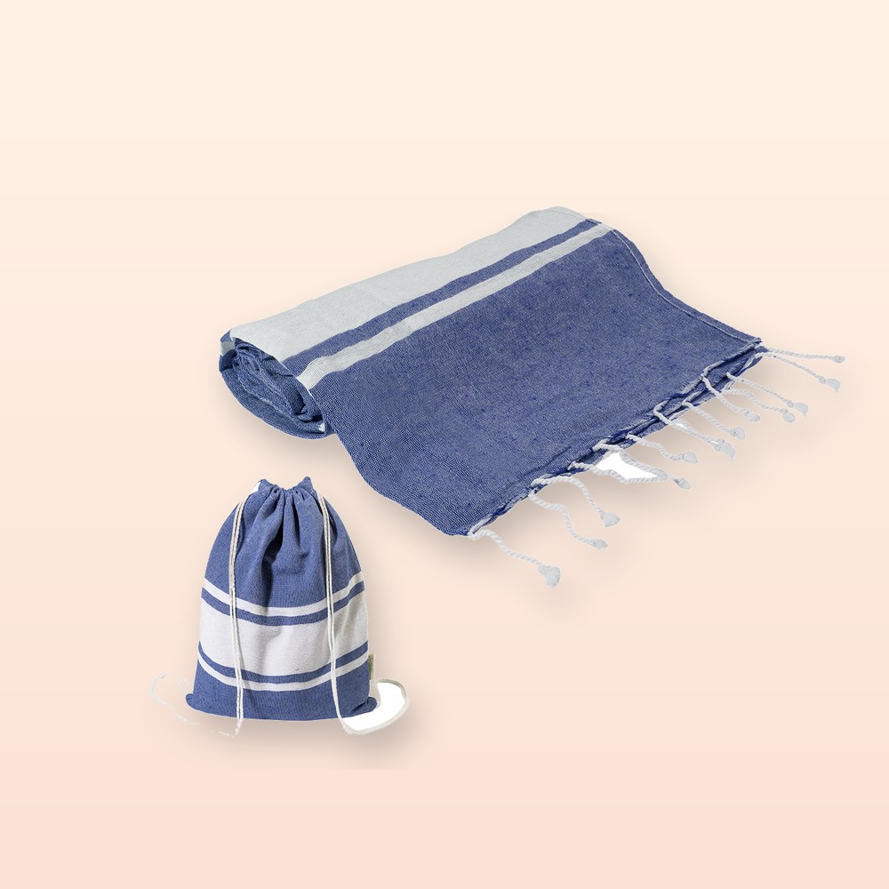 telo mare in cotone riciclato e sacchetto con chiusura a coulisse - blu scuro